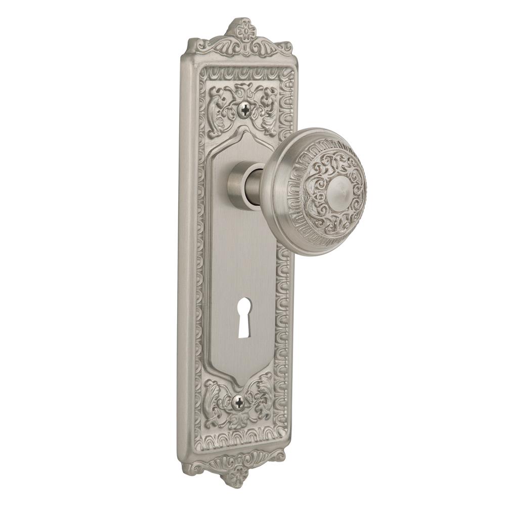 Nostalgic Warehouse EADEAD Privacy Knob Egg and Dart Plate with Egg and Dart Knob and Keyhole in Satin Nickel
